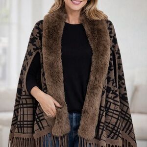 Brown Patterned Women's Cardigan with Faux Fur Trim